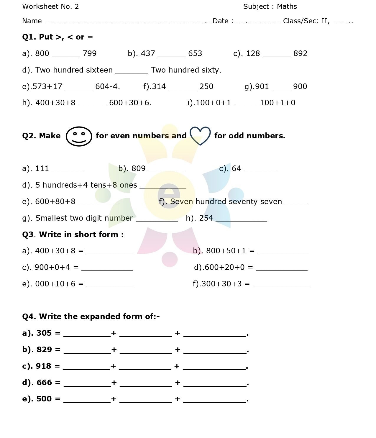 Maths Worksheet for Class-2