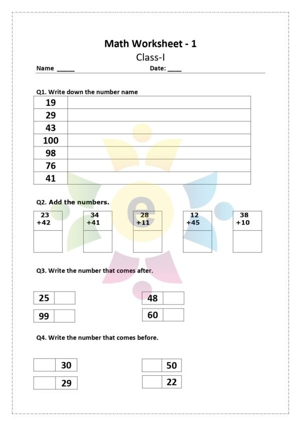 Maths Worksheet for Class-1 - Welcome to eStudyzone
