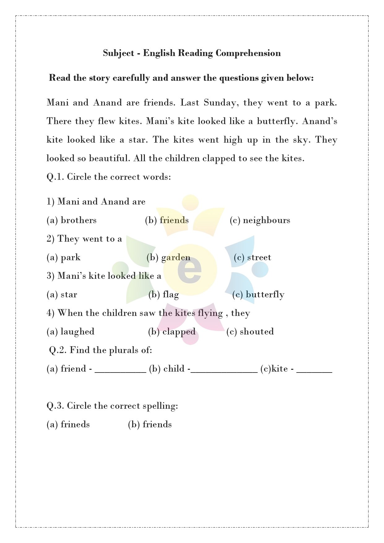 English Worksheet for Class-1