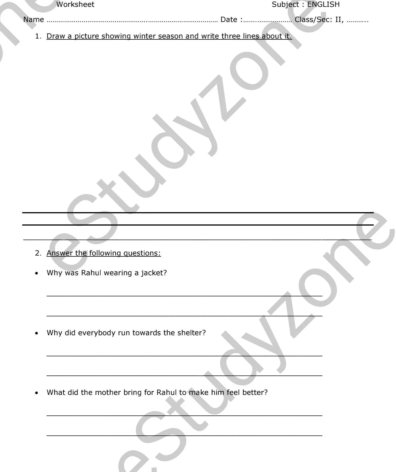 English Worksheet for Class-2