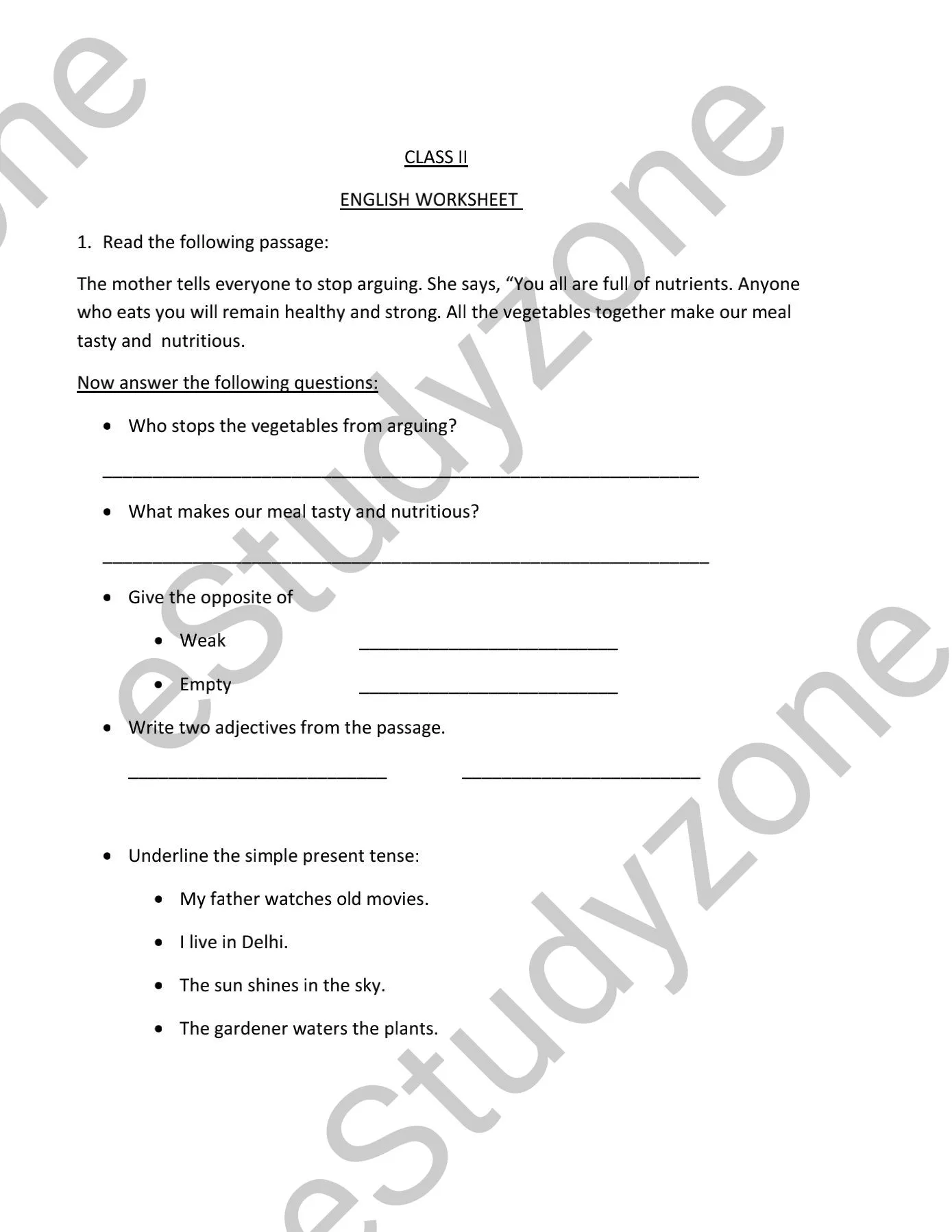 English Worksheet for Class-2