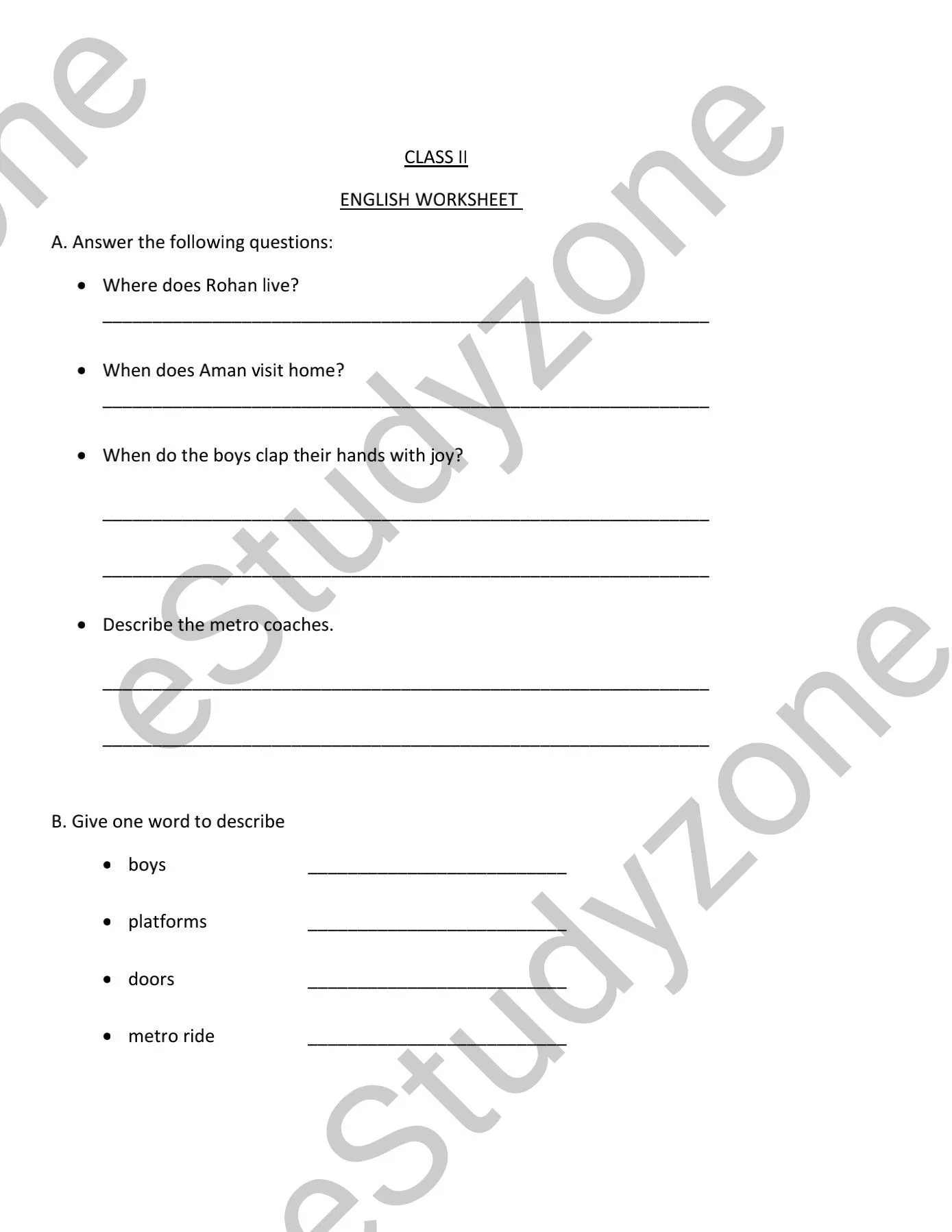 English Worksheet for Class-2