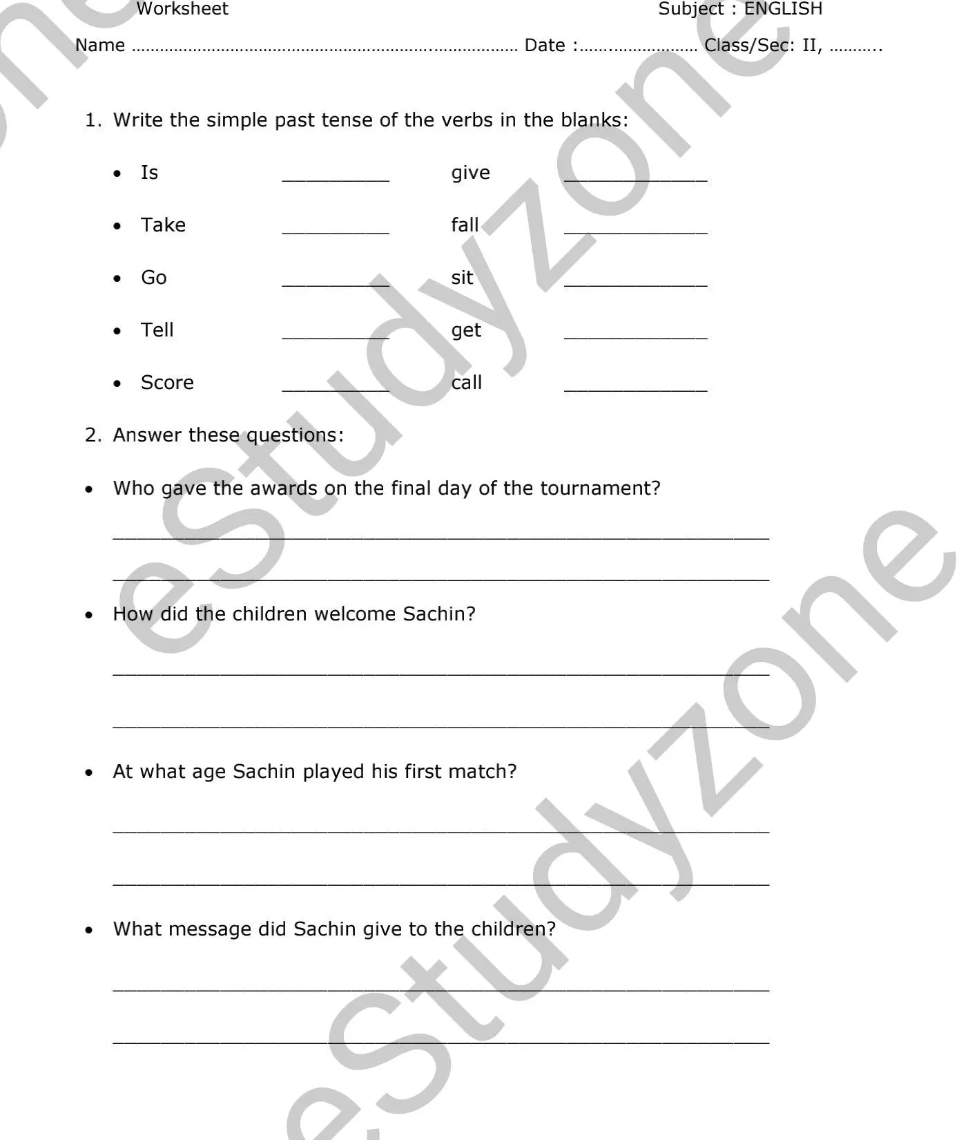 English Worksheet for Class-2